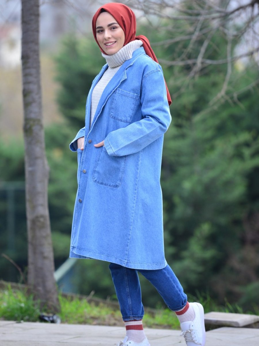 Sefamerve Uzun Kot Kot Mavi Ceket