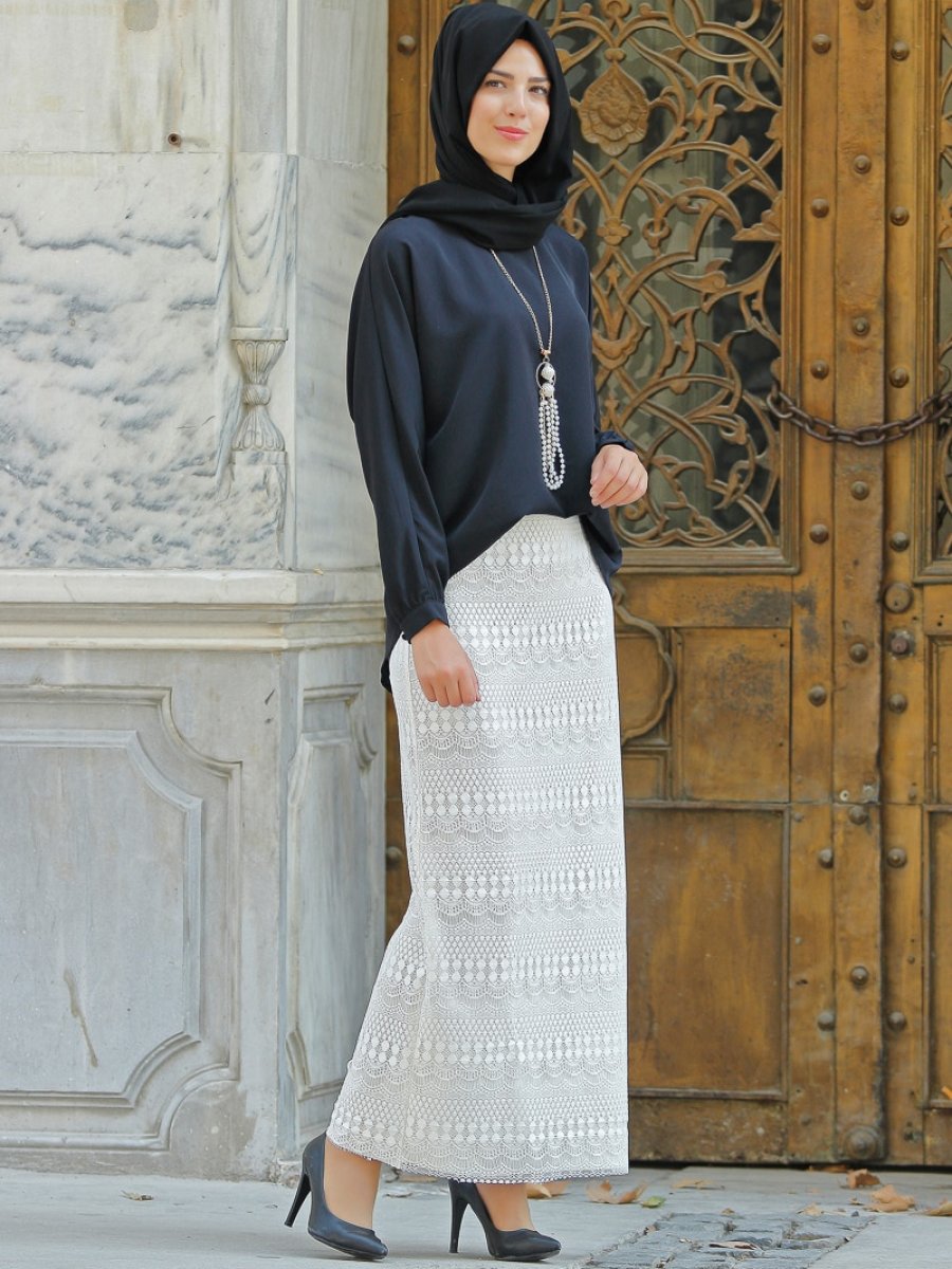 Nurkombin Dantelli Kalem Beyaz Etek