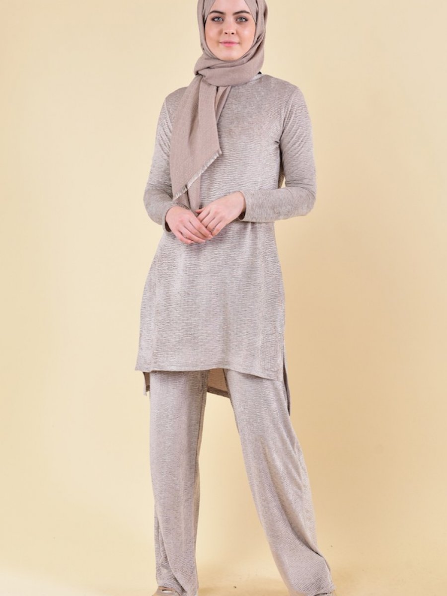 Sefamerve Kadife Tunik Pantolon İkili Bej Takım