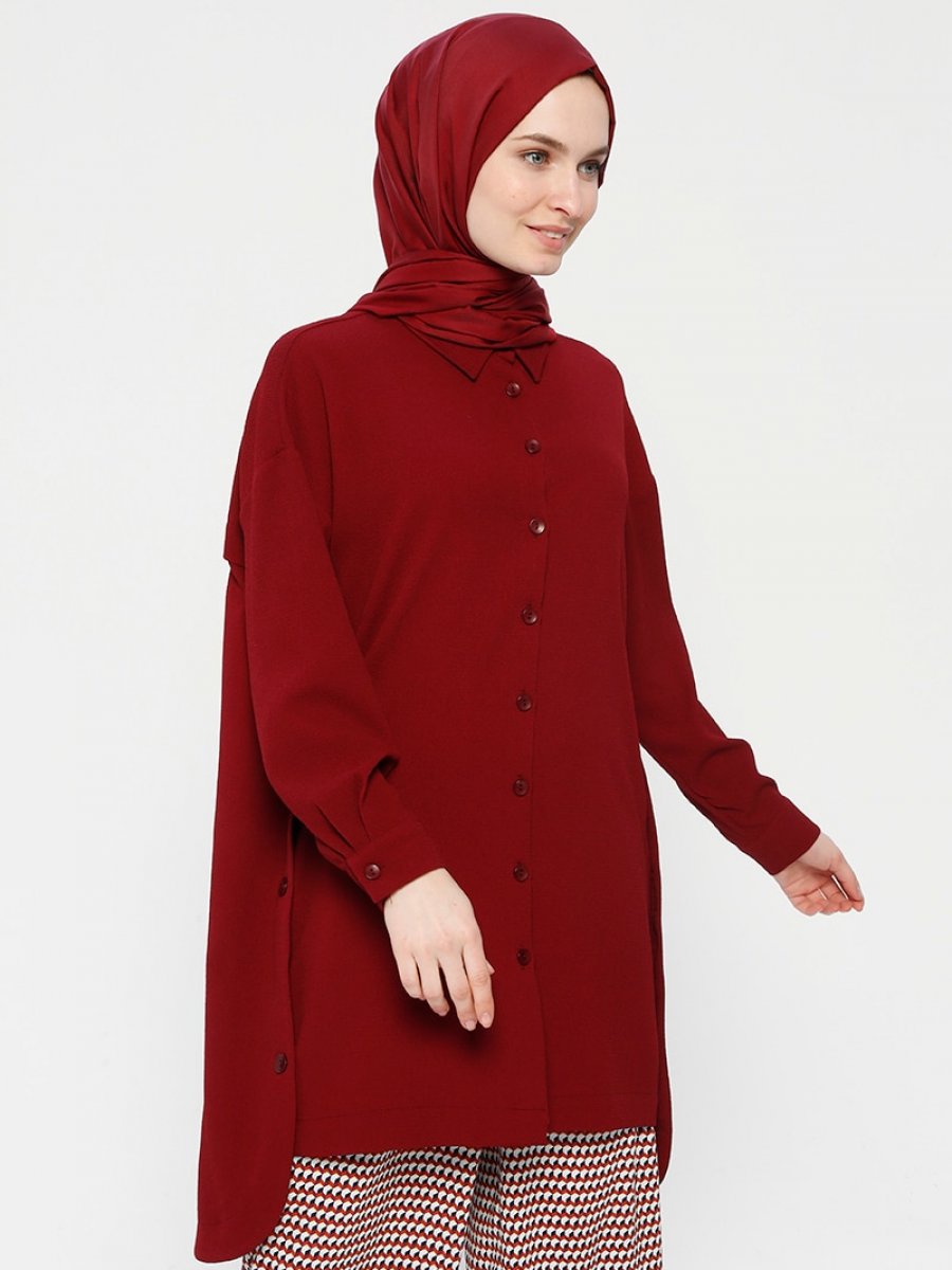 Alesya By Tuğba Düğmeli Bordo Tunik