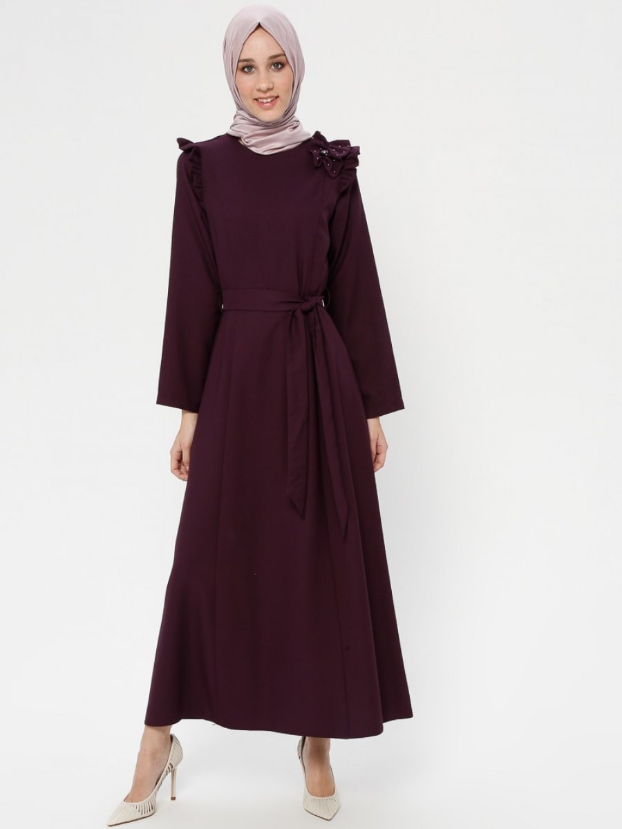 Moda Zenis Mürdüm Omuzları Fırfırlı İncili Abiye Elbise