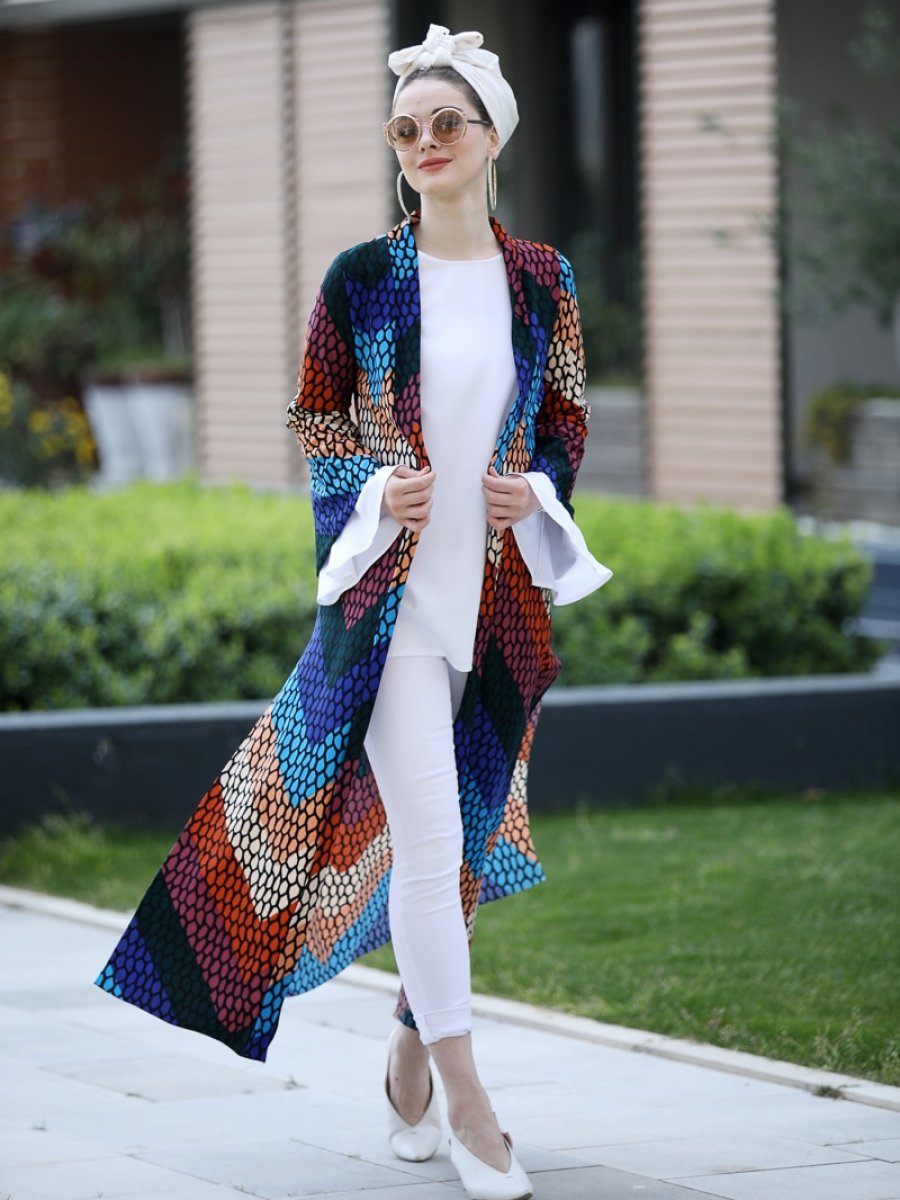 Selma Sarı Design Uzun Kimono Karışık Renkli Ceket