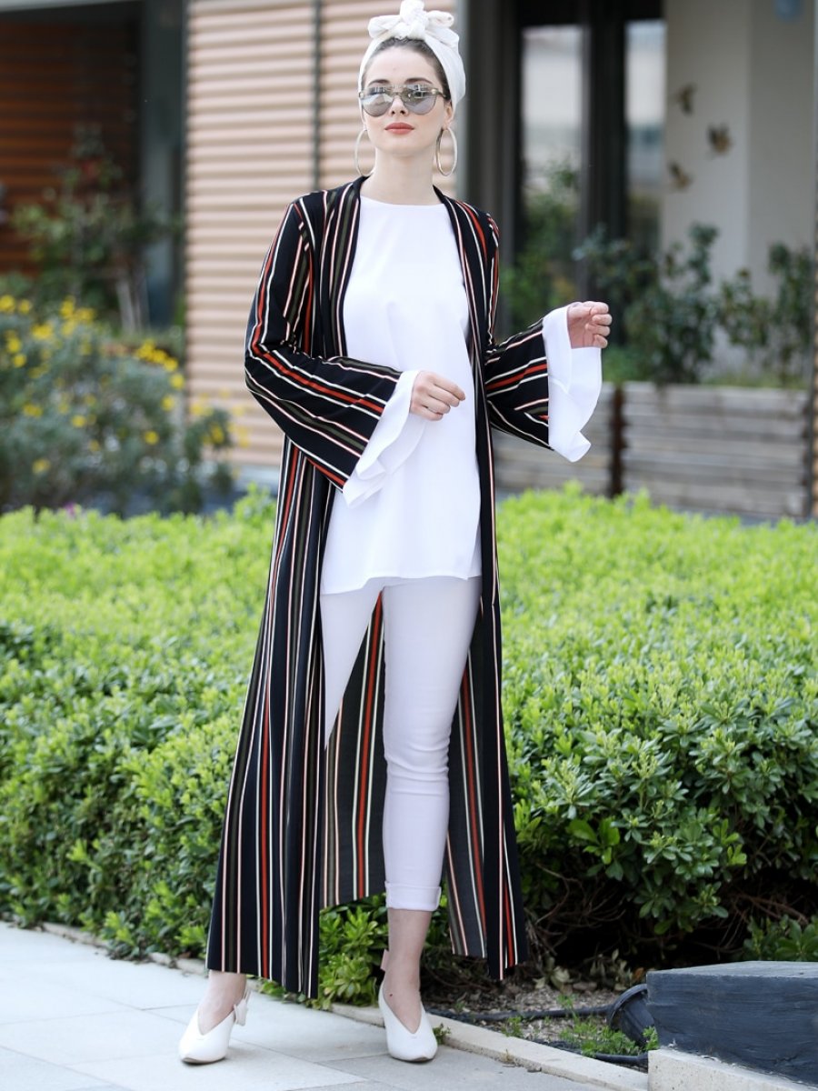 Selma Sarı Design Uzun Kimono Siyah Kiremit Ceket