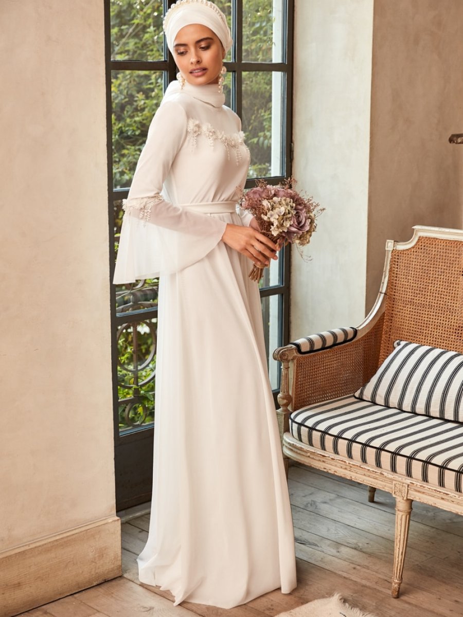 Mwedding Güpür Detaylı Beyaz Abiye Elbise