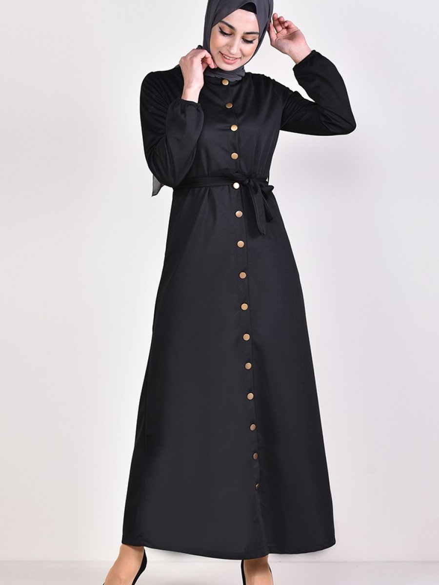 Sefamerve Boydan Düğmeli Siyah Elbise