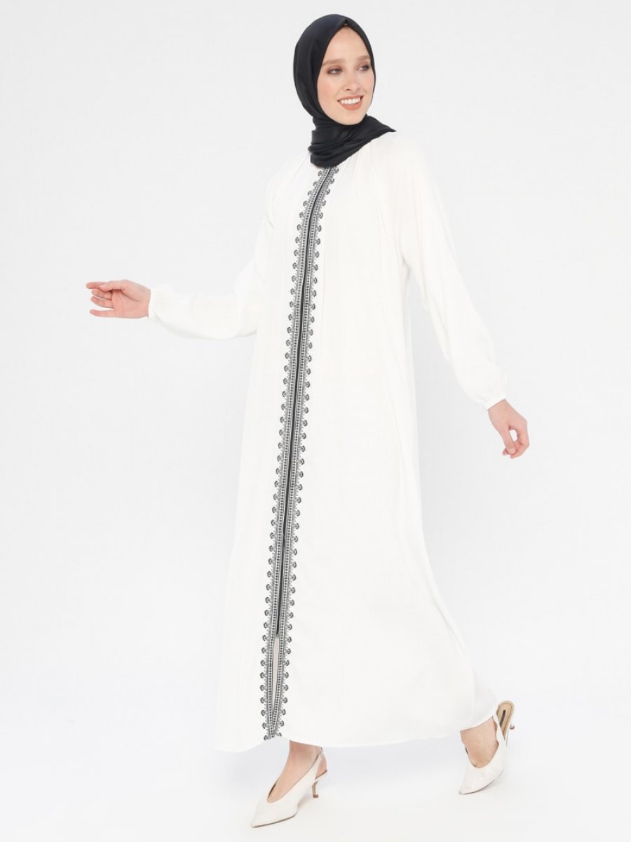 Modanaz Yakasi Pileli Fermuarli Beyaz Ferace Ehl I Tesettur