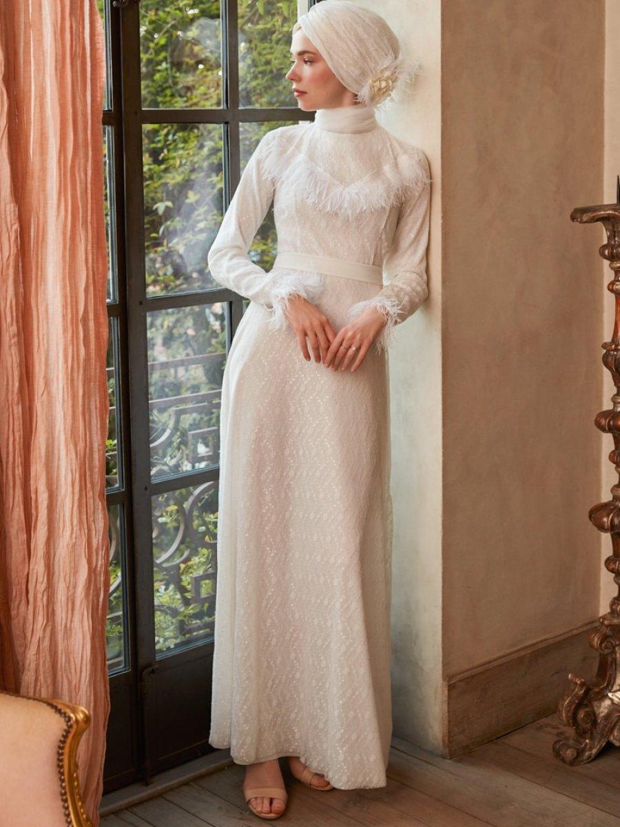 Mwedding Beyaz Otriş Tüy Detaylı Gelinlik