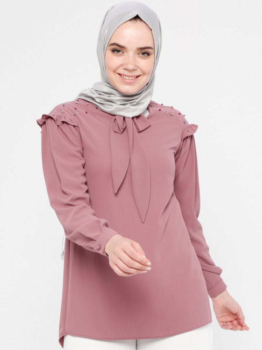 TUĞBA Boncuk İşlemeli Gül Kurusu Bluz