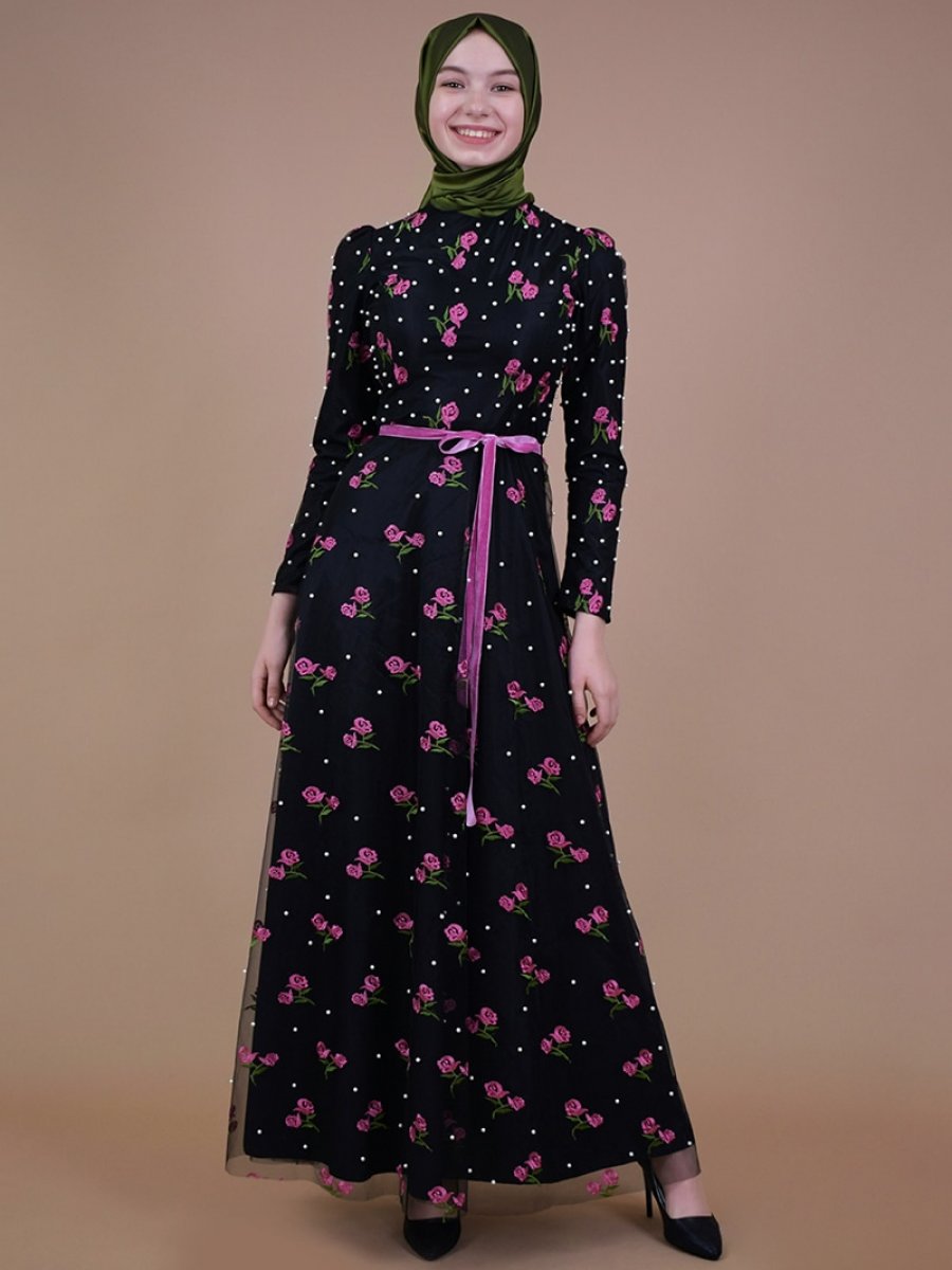 Sew&Design Siyah-fuşya İnci Nakışlı Abiye Elbise
