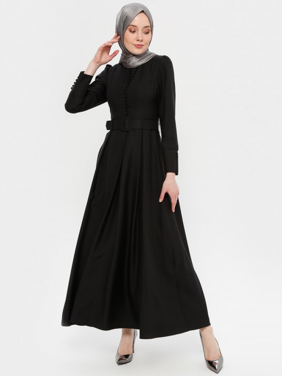 Loreen By Puane Düğme Detaylı Kemerli Siyah Elbise