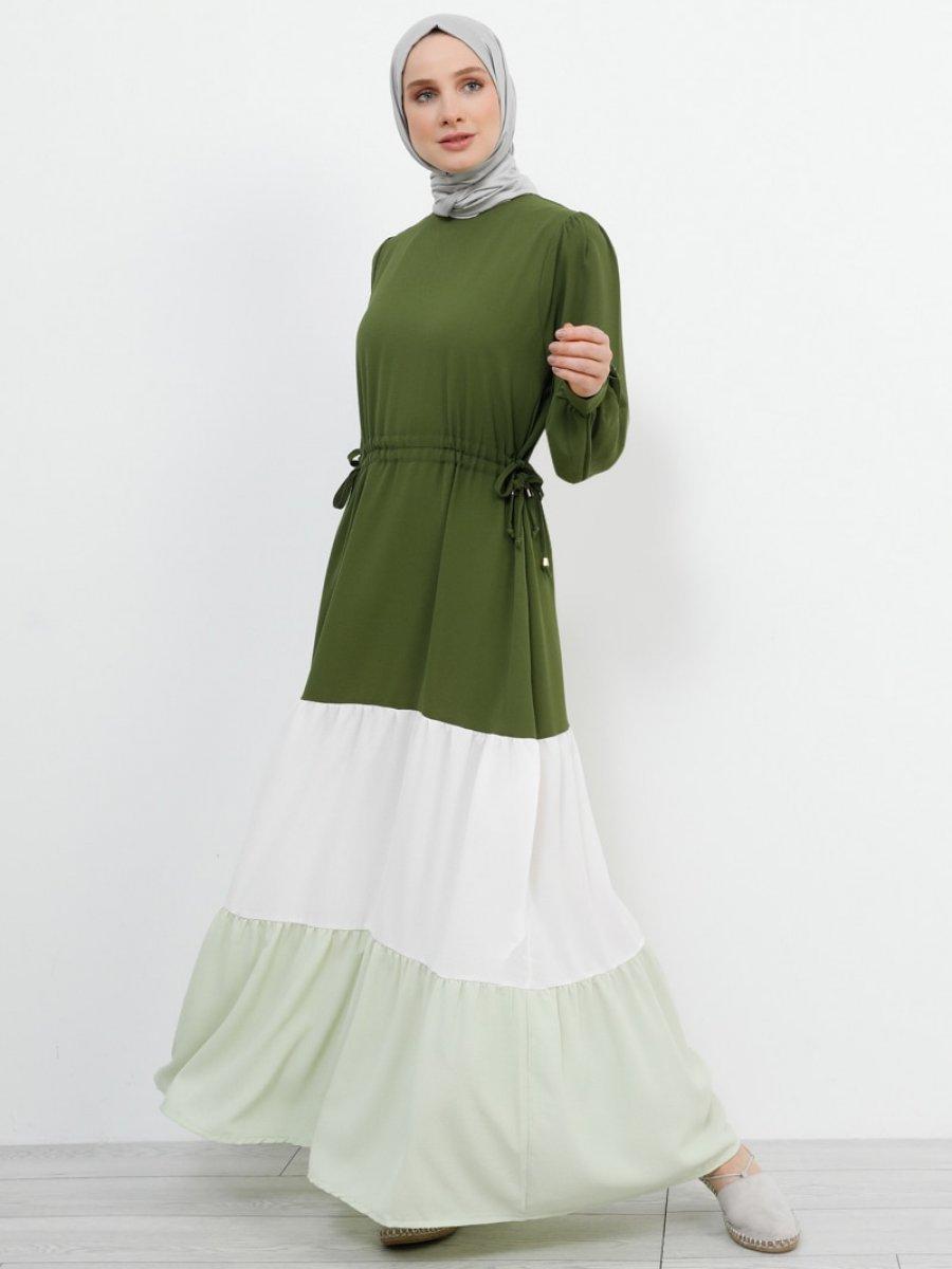 Refka Beli Bağlamalı Garnili Çimen Yeşili Elbise