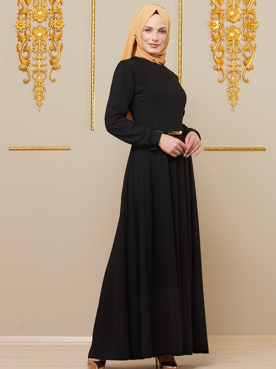 Butik Neşe Sekiz Parçalı Kemerli Siyah Elbise
