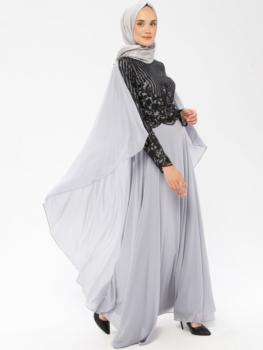 MODAYSA Şifon Detaylı Gri Abiye Elbise