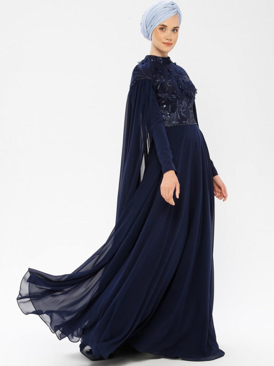 MODAYSA Şifon Detaylı Lacivert Abiye Elbise
