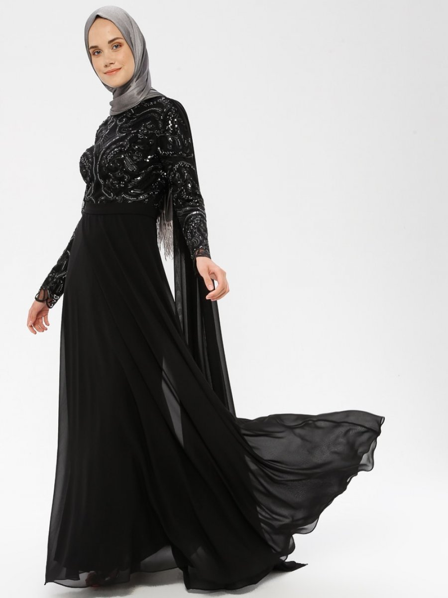 MODAYSA Şifon Detaylı Siyah Abiye Elbise