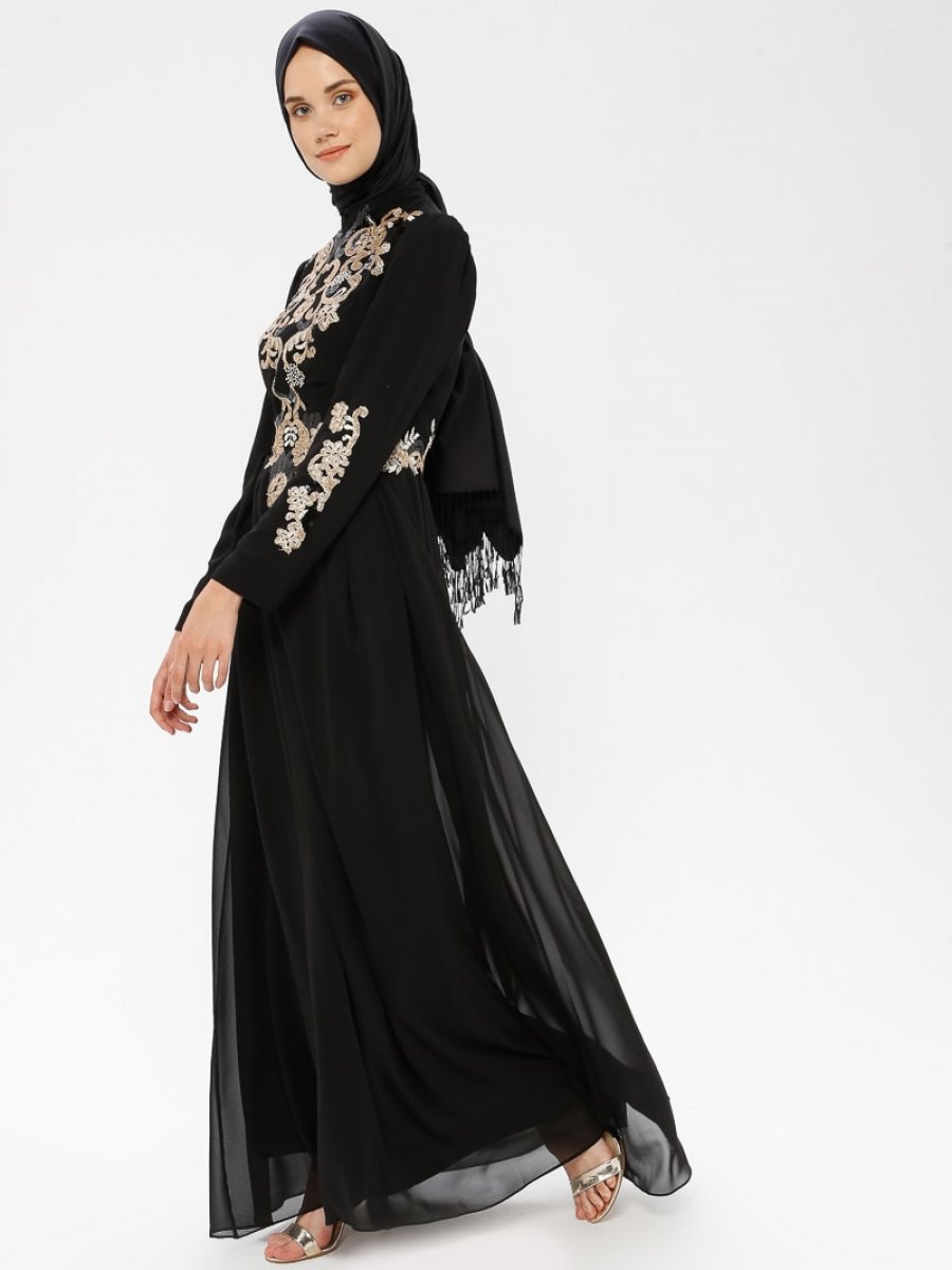 MODAYSA Payet İşlemeli Siyah Abiye Elbise