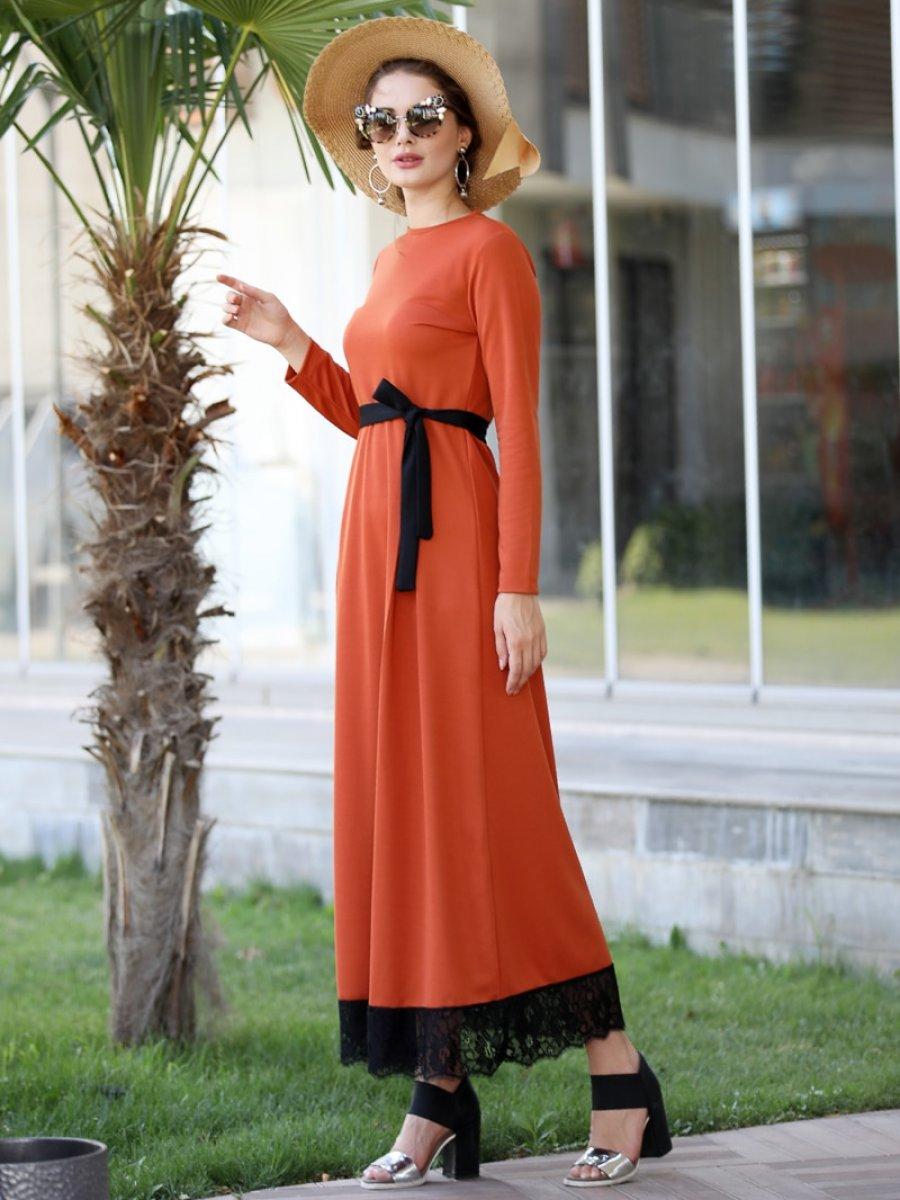 Selma Sarı Design Eteği Dantelli Taba Elbise