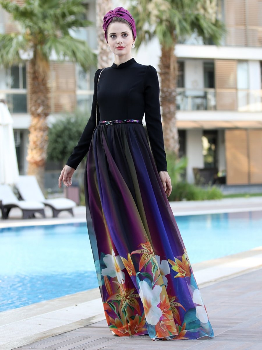 Selma Sarı Design Çiçek Desenli Gökkuşağı Siyah Elbise