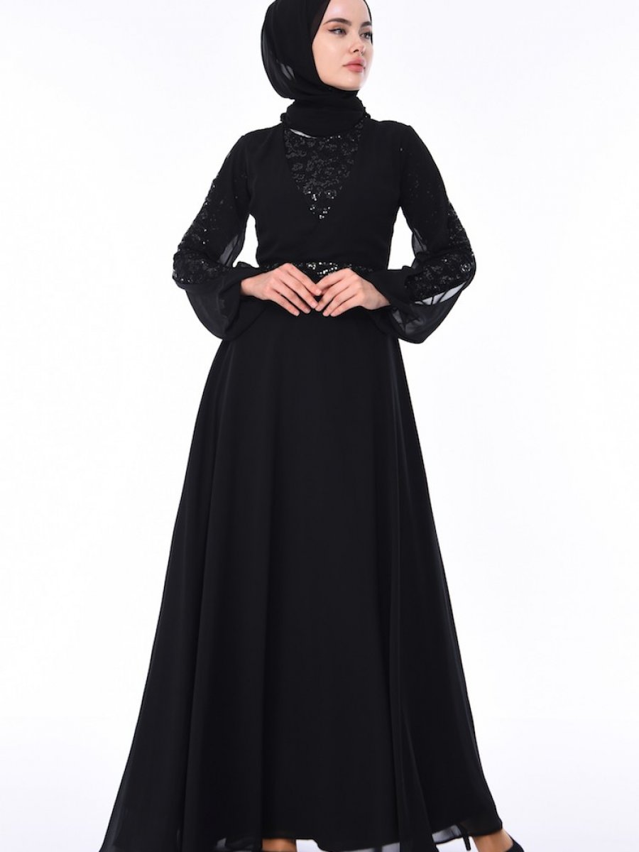 Sefamerve Payetli Siyah Abiye Elbise