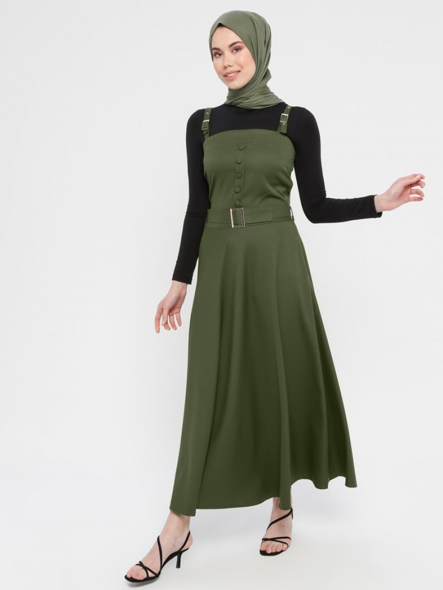 Tuana Kemer Detaylı Askılı Haki Elbise