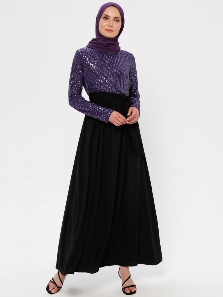 Filizzade Payetli Mor Siyah Abiye Elbise