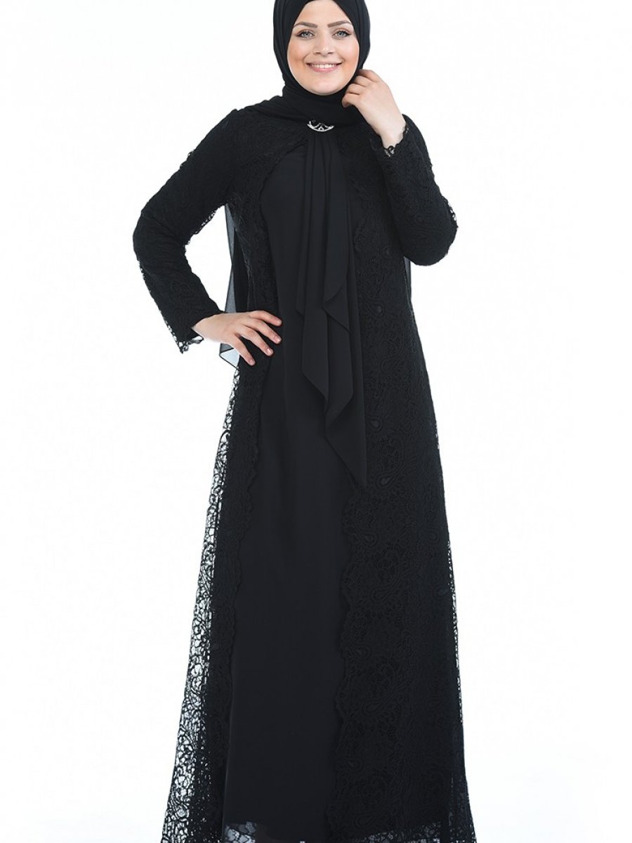 Sefamerve Büyük Beden Takım Görünümlü Siyah Abiye Elbise