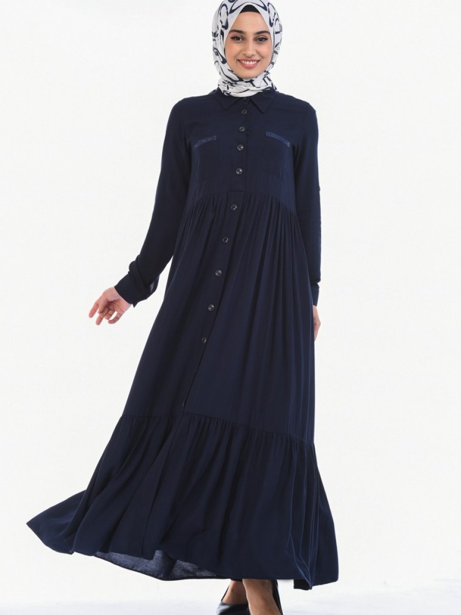 Sefamerve Boydan Düğmeli Büzgülü Lacivert Elbise