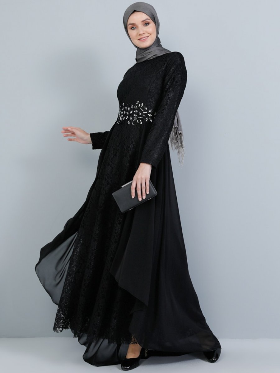 Tavin Taş Detaylı Dantelli Siyah Abiye Elbise