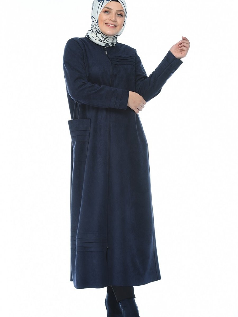 Sefamerve Buyuk Beden Suet Lacivert Pardesu Ehl I Tesettur