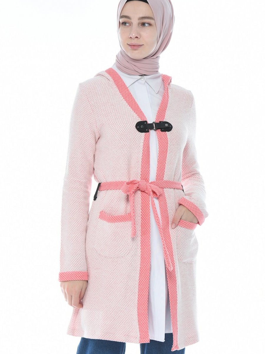 Sefamerve Kapüşonlu Kışlık Beyaz Pembe Hırka