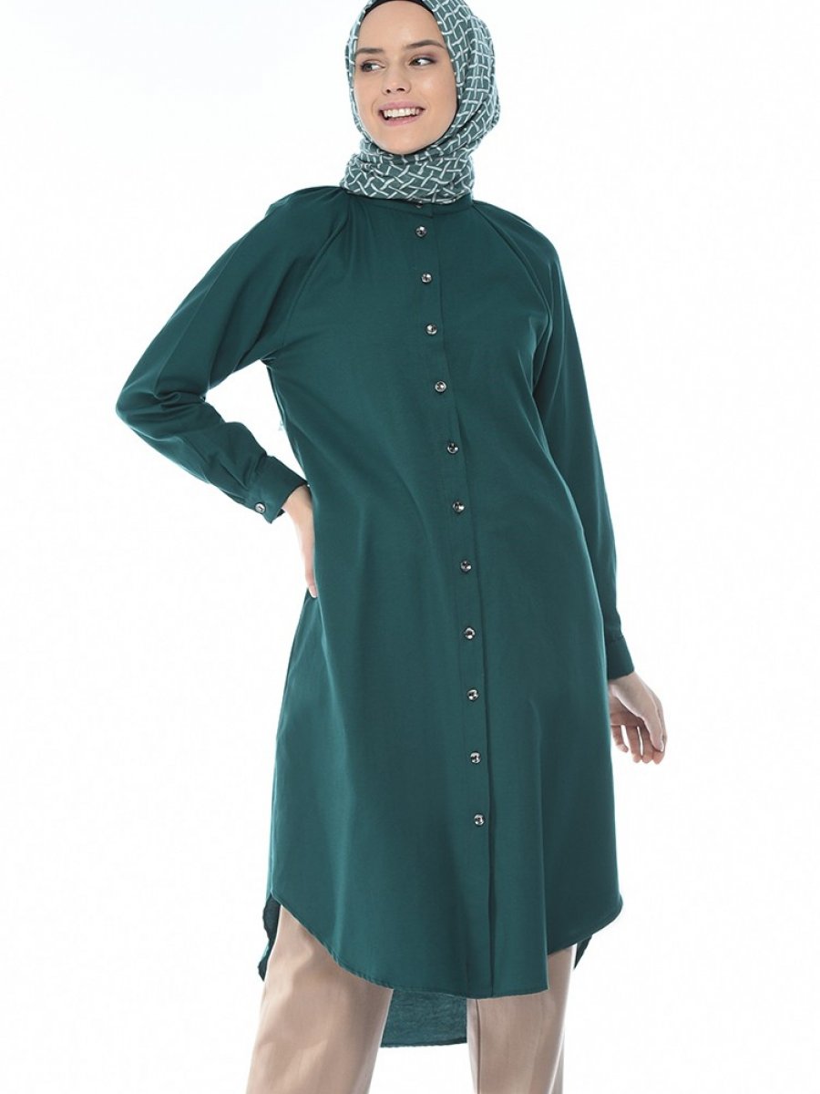 Sefamerve Reglan Kollu Düğmeli Zümrüt Yeşili Tunik