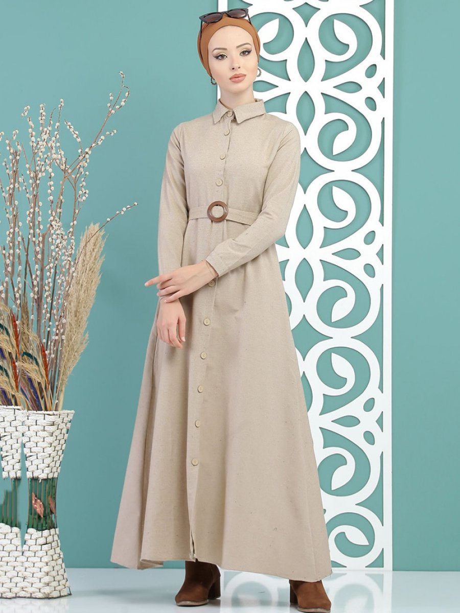 Tofisa Boydan Düğme Detaylı Vizon Elbise