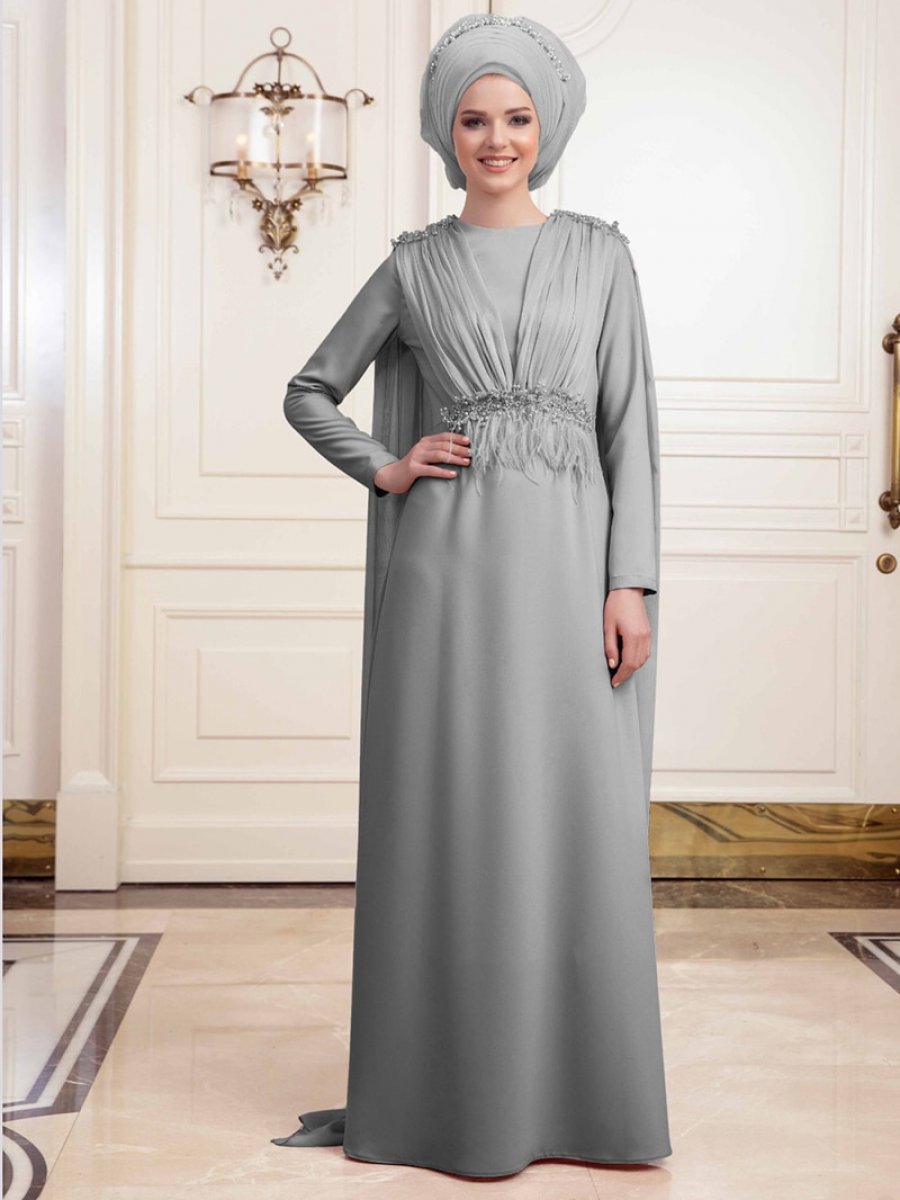 An-Nahar Şifon Detaylı Gri Abiye Elbise