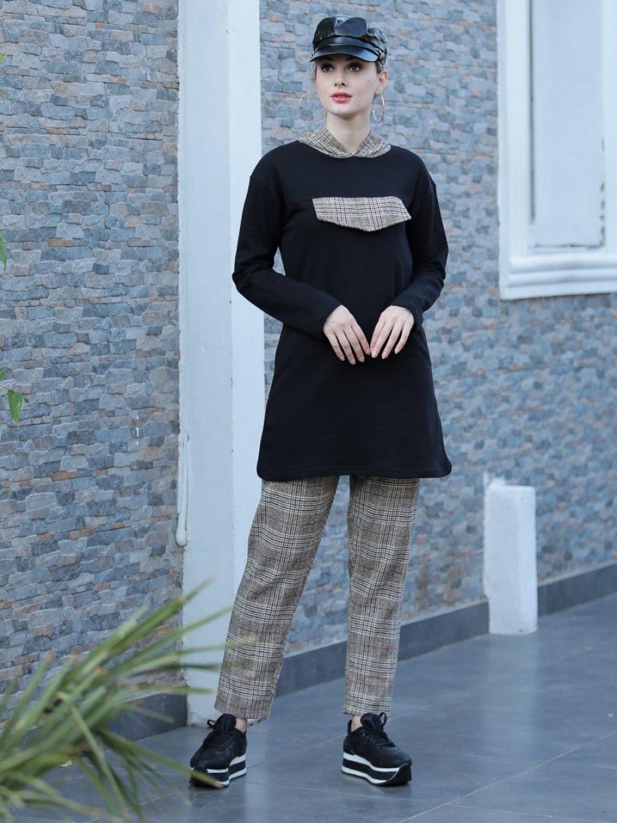 Selma Sarı Design Yün Ekose Pantolonlu Bej Takım