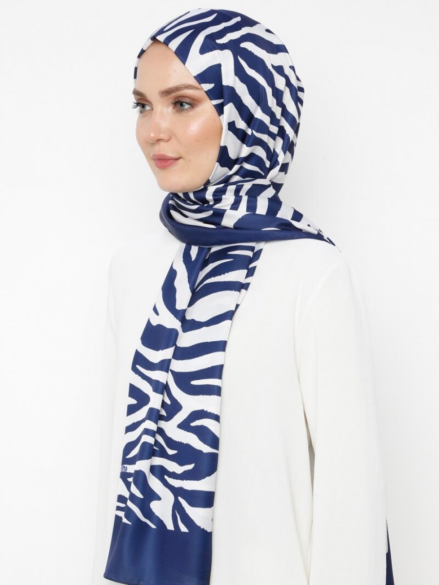 Burden İpek Zebra Desen İpeksi Twill Lacivert Şal