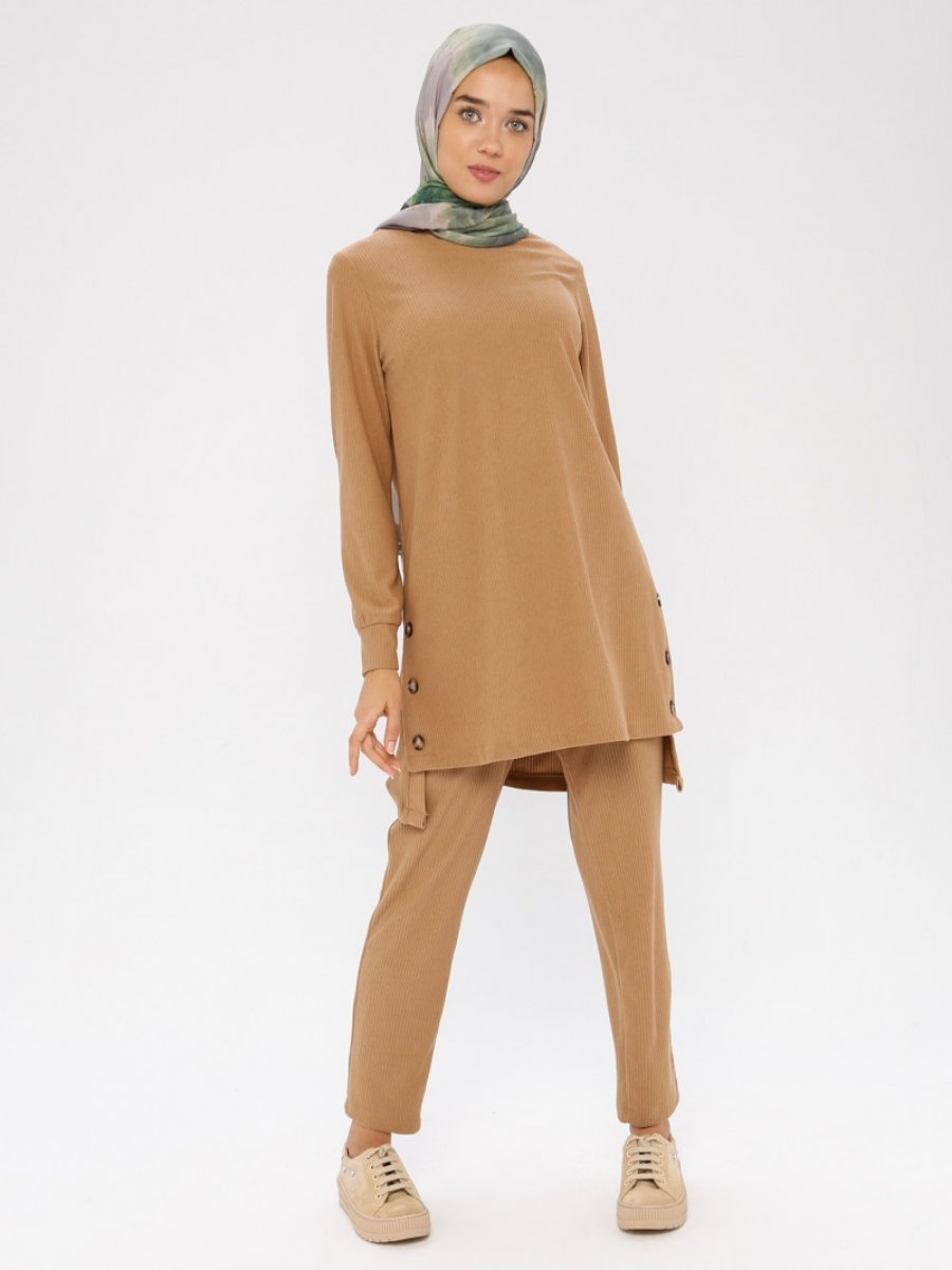 Panaline Kadife Pantolon&Tunik 2'li Camel Takım