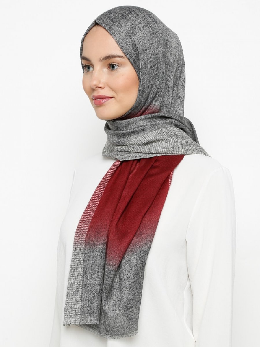 Soft Scarfs Degrade Desenli Bordo Gri Şal