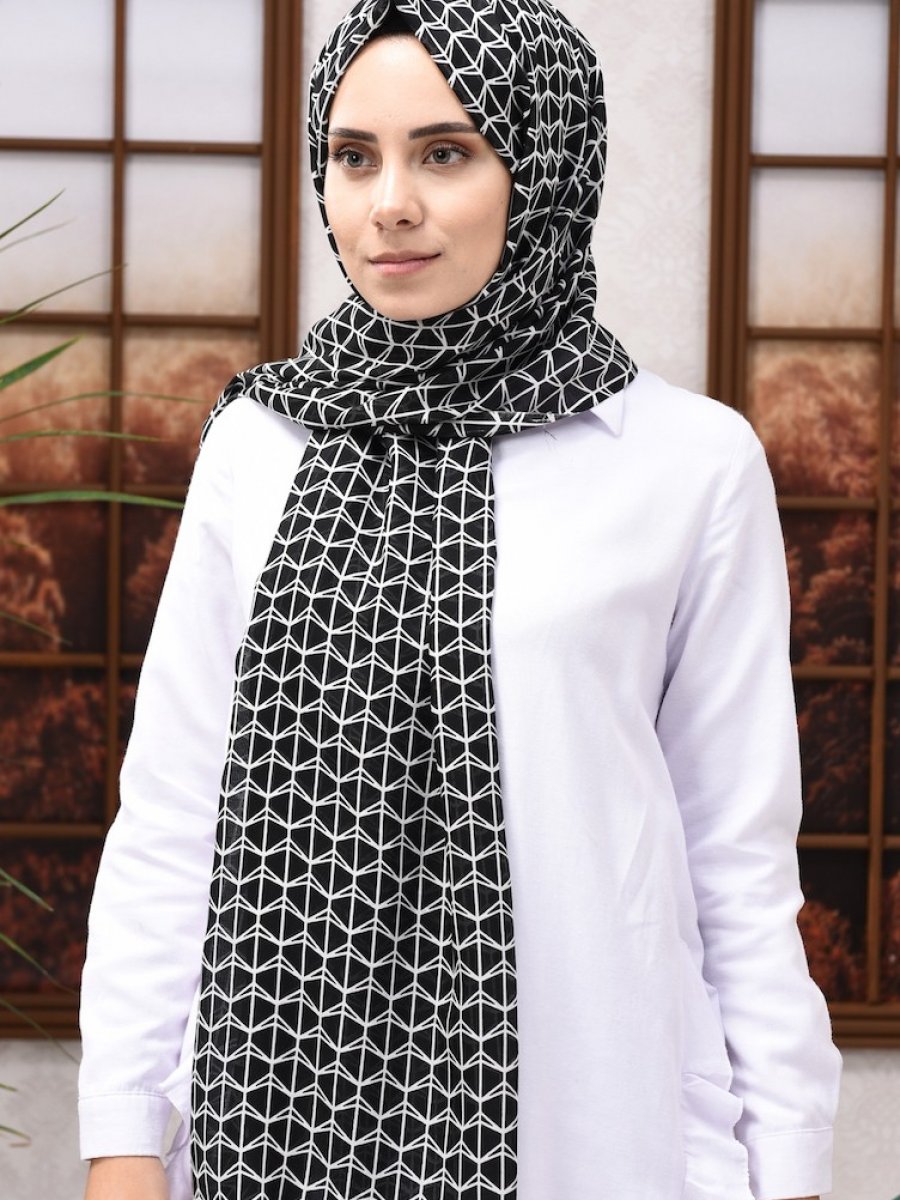 Sefamerve Elmina Desenli Pamuklu Siyah Beyaz Şal