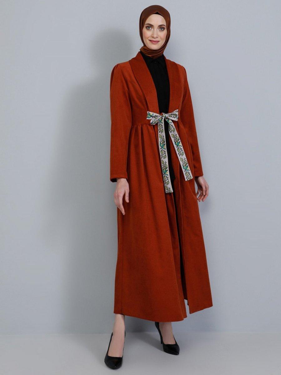 Tavin Beli Bağcıklı Kadife Kiremit Pardesü