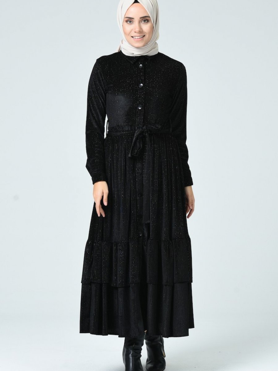 Sefamerve Simli Boydan Düğmeli Siyah Elbise