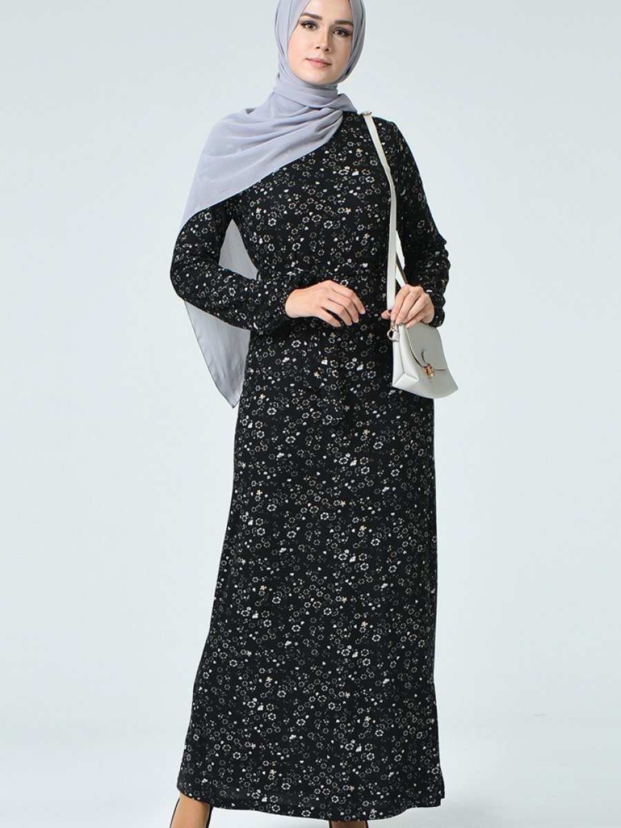 Sefamerve Desenli Kuşaklı Siyah Bej Elbise