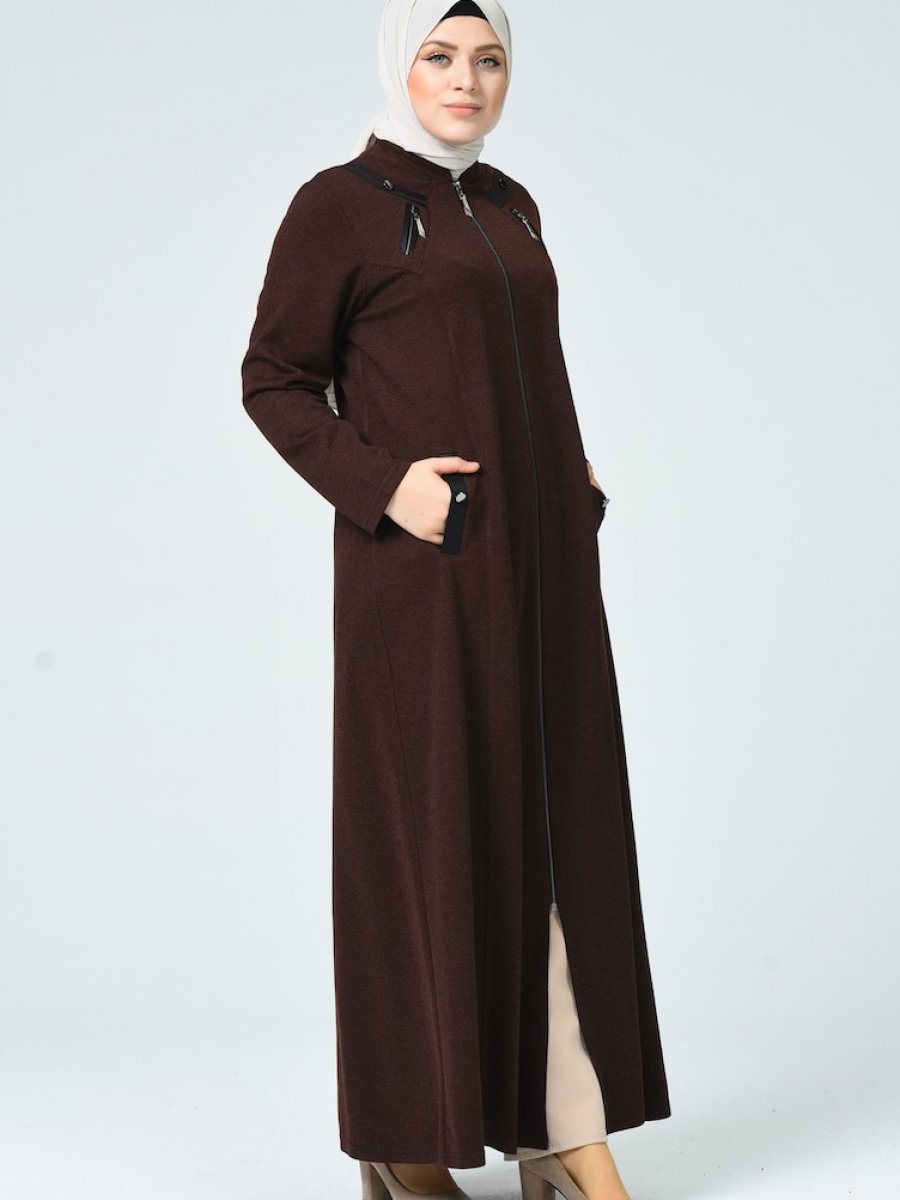 Sefamerve Buyuk Beden Fermuarli Kislik Kahverengi Ferace Ehl I Tesettur