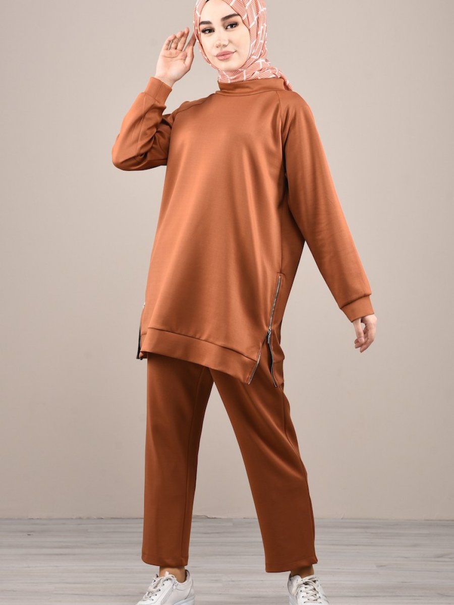 Sefamerve Dalgıç Kumaş Tunik Pantolon İkili Taba Takım