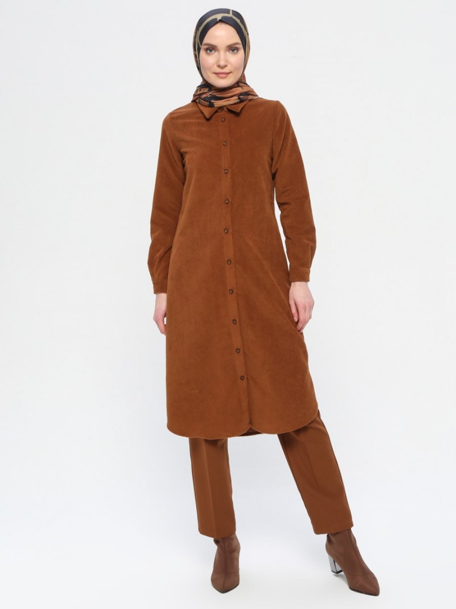 Alesya By Tuğba Fitilli Kadife Taba Tunik