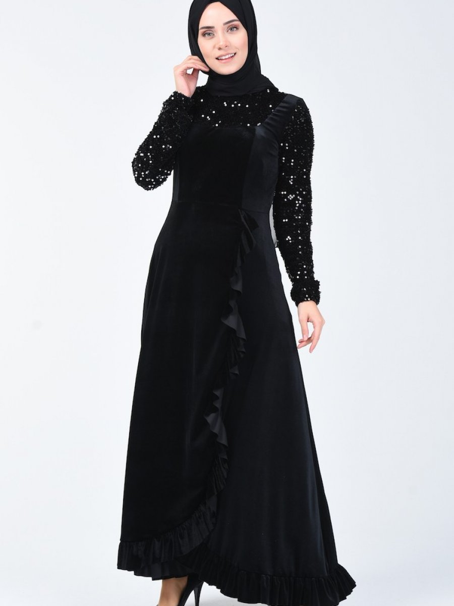 Sefamerve Payet Detaylı Kadife Siyah Abiye Elbise
