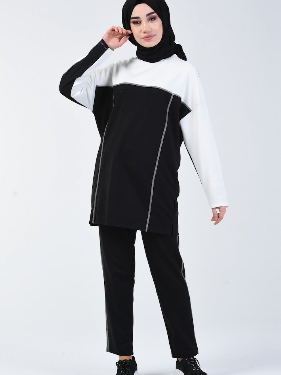 Sefamerve Spor Tunik Pantolon İkili Beyaz Siyah Takım