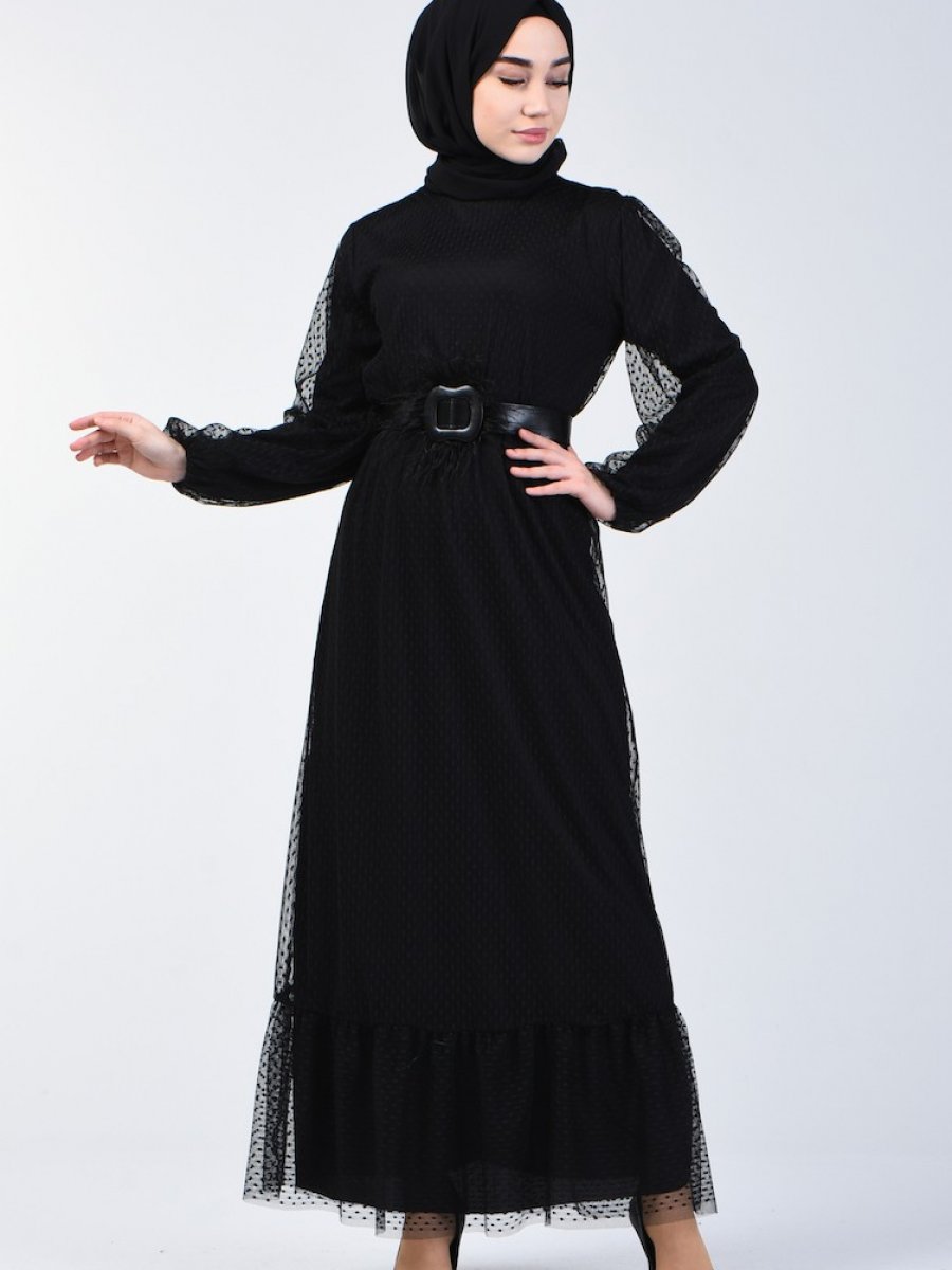 Sefamerve Tüy Detaylı Kemerli Siyah Abiye Elbise