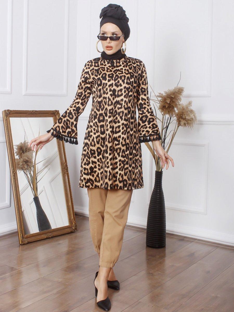 Lazeyn Püsküllü Desenli Leopar Tunik