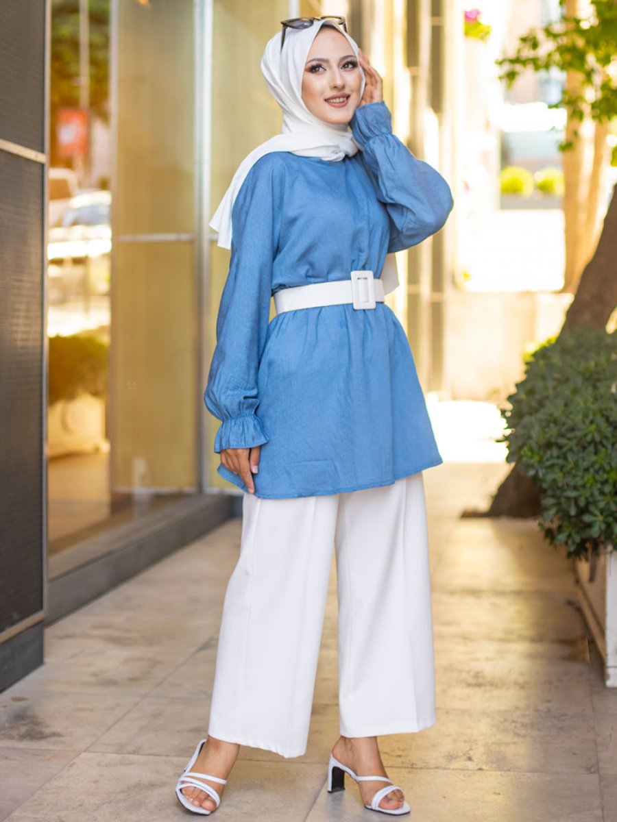 Tofisa Beli Lastikli Mavi Tunik