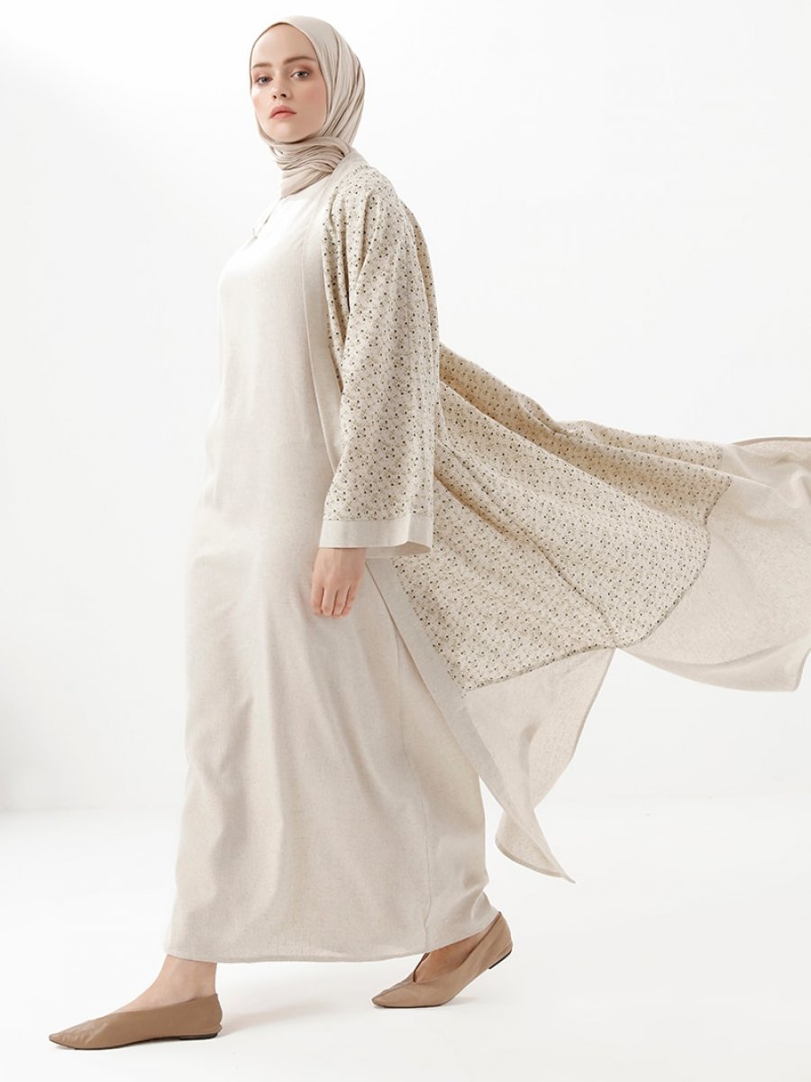 Phull Haki Bej Keten Karışımlı Desenli Kimono